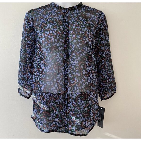 French Connection Tops - New French Connection Black Blue Floral Blouse Button Down Shirt Womens Size S